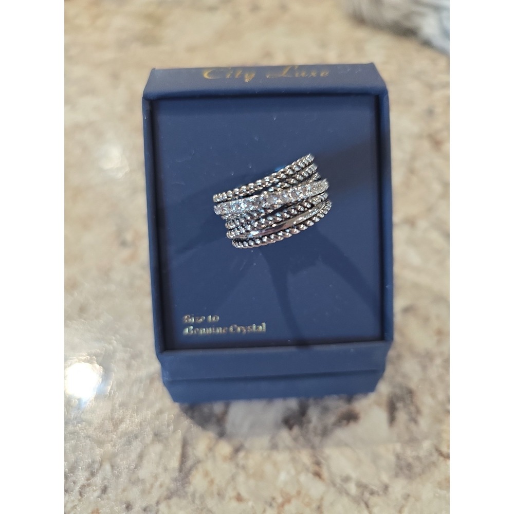 City Luxe Antique Silverstone Chunky Genuine Crystal Faux Stack Ring